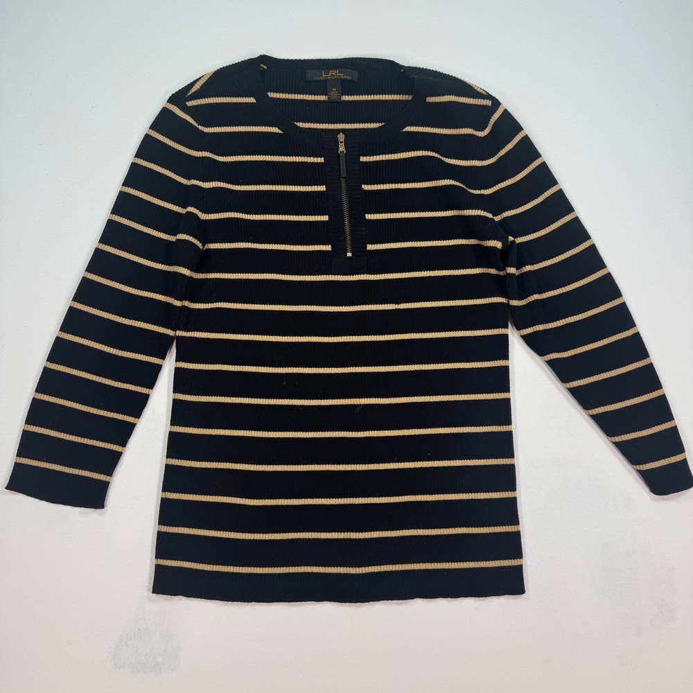 Lauren Ralph Lauren Womens Striped Ribbed Quarter Zip Cotton Sweater Navy Tan M